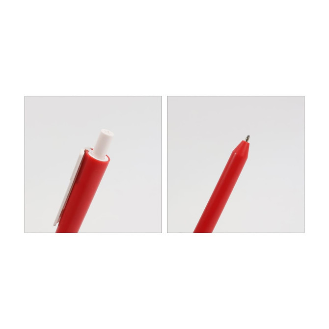 A red pen with a click mechanism and a pointed tip, featuring a clip and a logo.