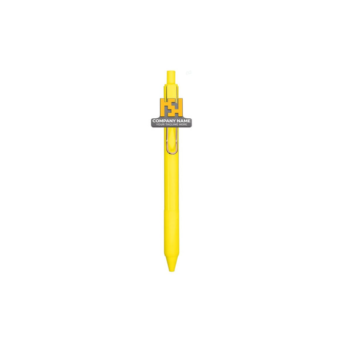 A yellow custom PVC pen with a clip and a logo on it.