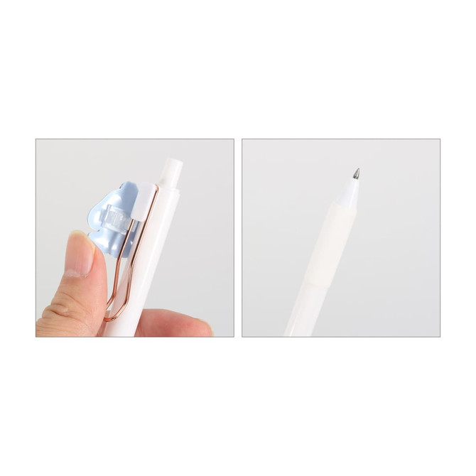 A custom PVC pen with a white body and a blue clip, showcasing the pen tip and clip mechanism.