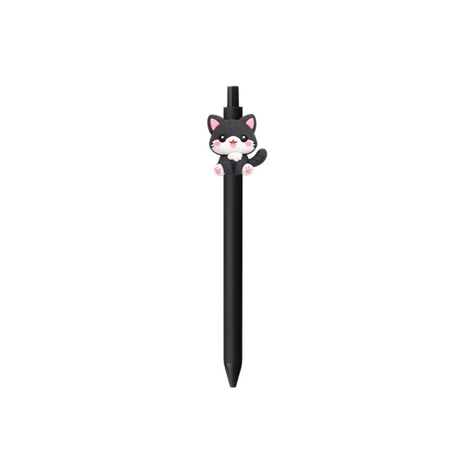 A black pen featuring a cute cat character on top. The pen has a playful design and includes a logo.
