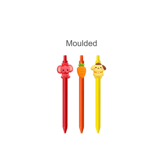 A set of three custom PVC pens featuring an elephant, carrot, and dog design in red, orange, and yellow colours.