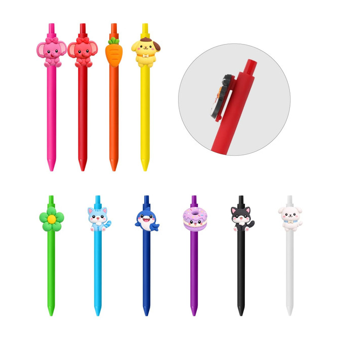 A selection of colourful custom PVC pens featuring various cute animal and object toppers, including pink, yellow, and black options.