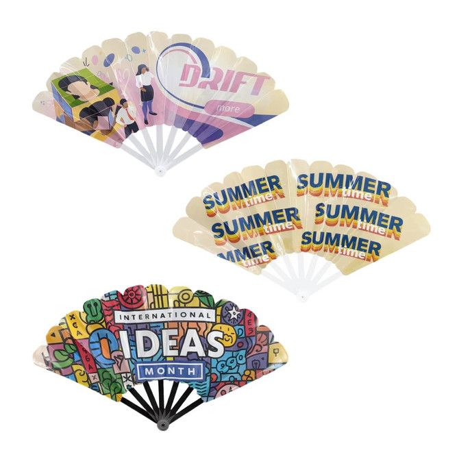 A collection of colourful plastic hand fans featuring various designs and a logo, including themes like summer and ideas month.