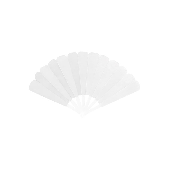 A set of transparent plastic hand fans arranged in a fanned-out position, featuring a white colour scheme.