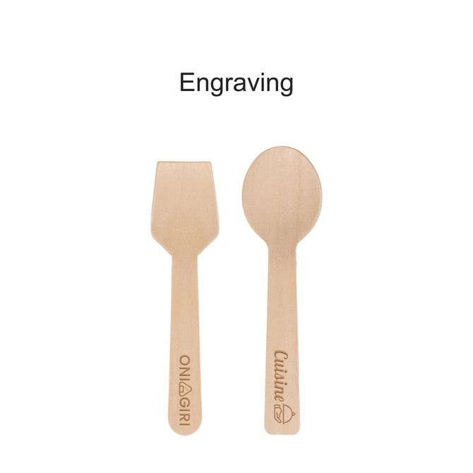 A pack of 100 disposable birch spoons and forks in natural wood colour, featuring two utensil designs and engraved logos.