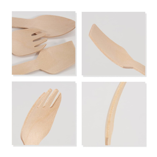 A pack of small disposable birch spoons and forks in a light natural wood finish, featuring various shapes and designs.