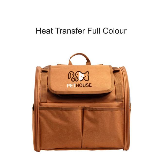 A brown pet backpack carrier with an expandable design and a front pocket, featuring a logo on the flap.