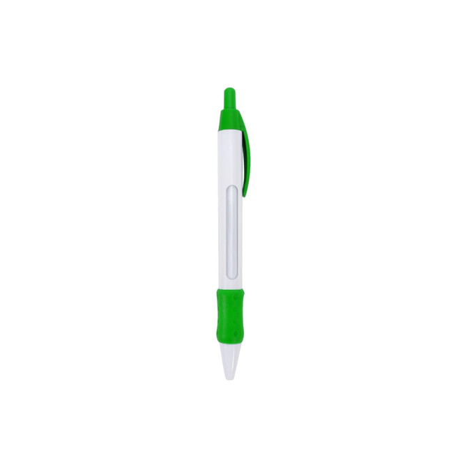 A white pen with green accents and a transparent window for revealing messages. The pen has a grip section.