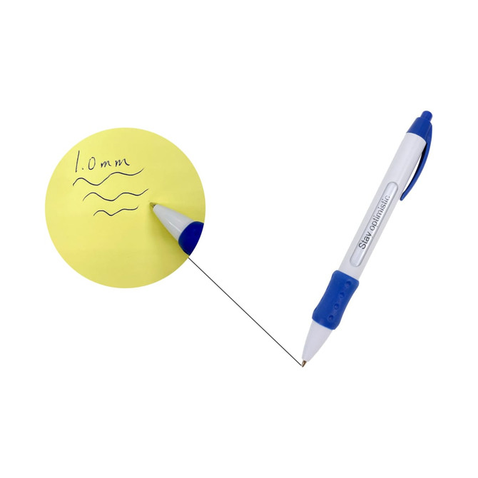 A blue and white pen with a retractable tip, alongside a yellow sticky note with writing on it.