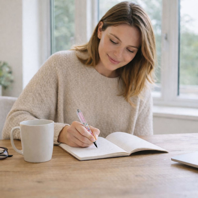 A woman in a cosy sweater writes in a notebook with a ballpoint pen, while a grey mug sits on the table.