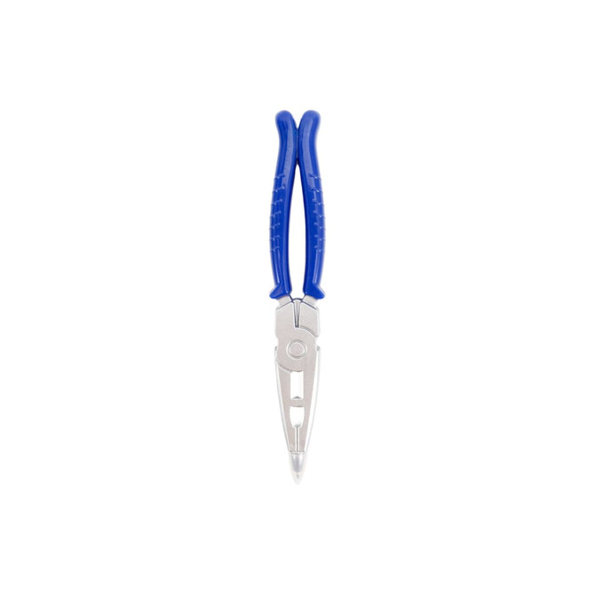 A plier-shaped blue ballpoint pen with a silver metal tip, featuring a branding logo.