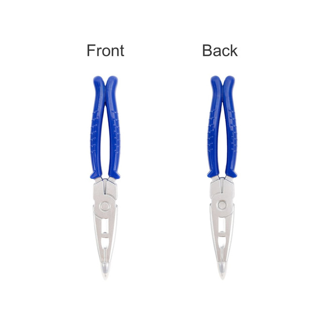 A blue plier-shaped ballpoint pen displayed from the front and back, showcasing its metallic tip and grips.