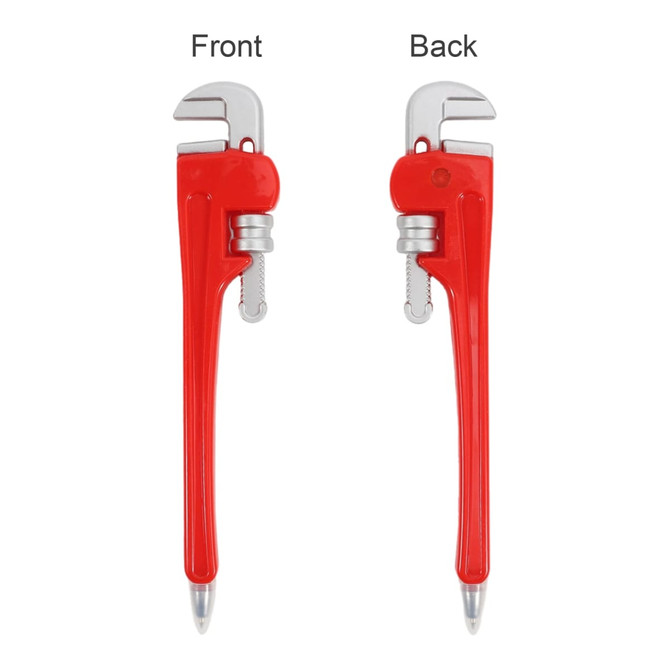 A red pipe wrench-shaped ballpoint pen featuring a silver detailing and a logo on one side.