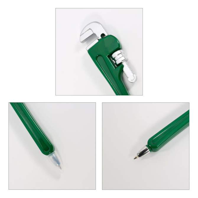 A green ballpoint pen shaped like a pipe wrench, featuring a detailed wrench design and a clip on the side.