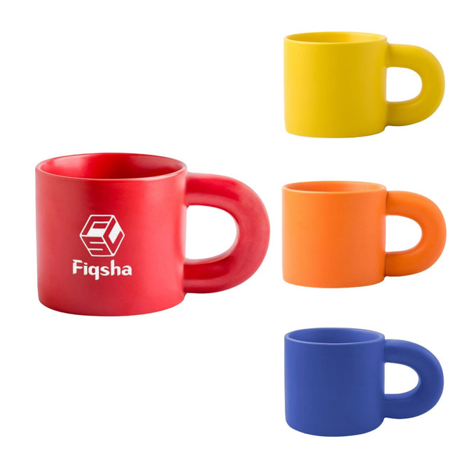 A set of four ceramic coffee mugs in red, yellow, orange, and blue, featuring a logo on the red mug.