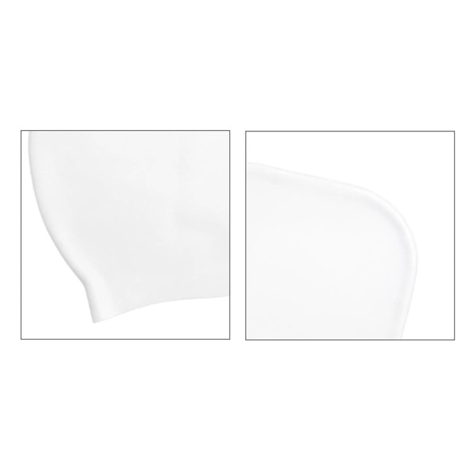 A white silicone swim cap designed for women with long hair, featuring a smooth texture and an attached logo.
