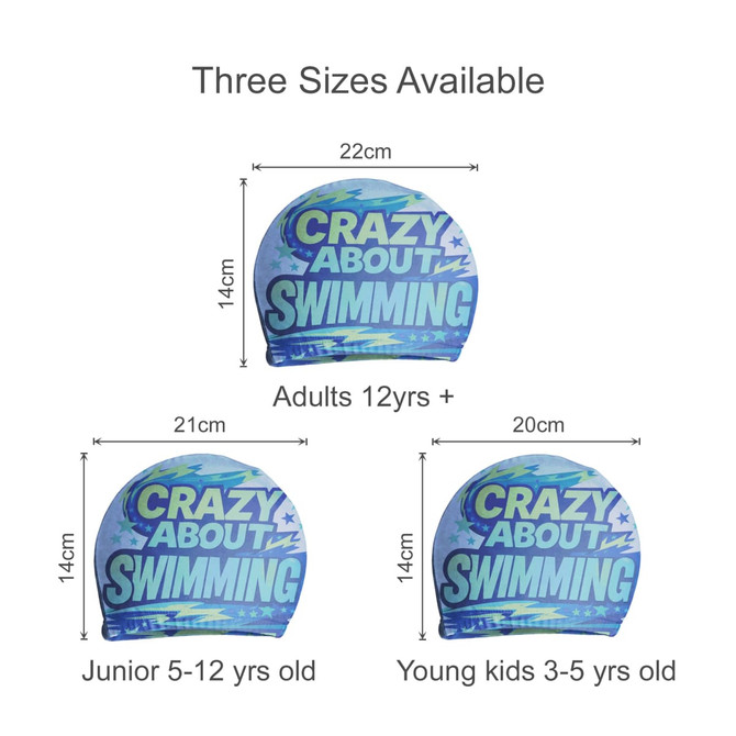 Full colour polyester swimming caps in three sizes: junior, young kids, and adults. Designs feature vibrant swimming graphics.