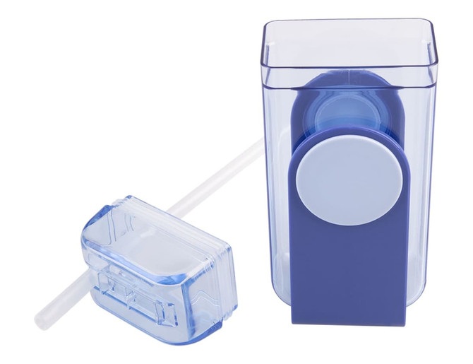 A drink bottle in clear and purple, featuring a removable lid and a straw for easy drinking. Includes a logo.