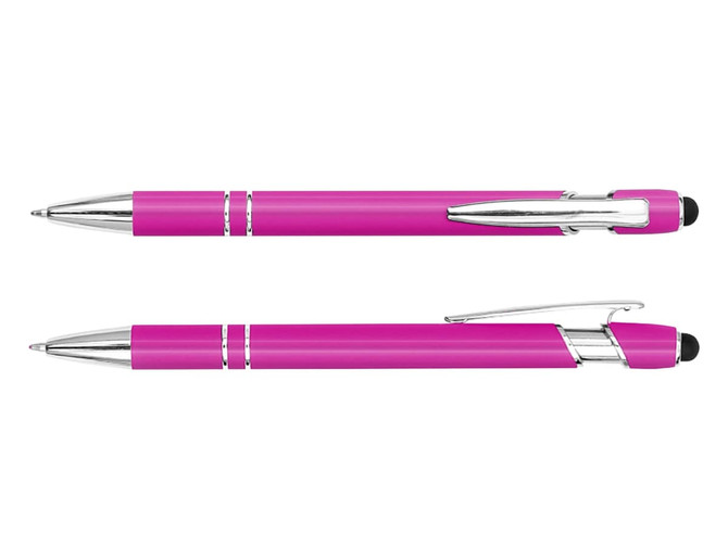 A pink stylus pen with chrome accents and a clip, featuring a rubber tip at one end. It includes a logo.