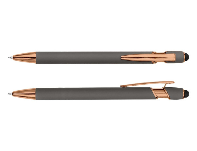 A stylus pen in grey with rose gold accents, featuring a smooth finish and a clip. Also includes a logo.