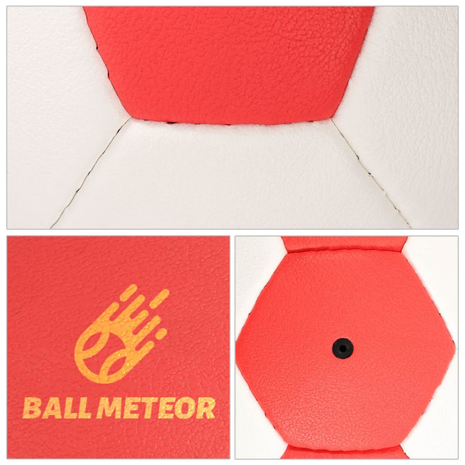 A hand-stitched handball in red and white, featuring a logo and a black valve.