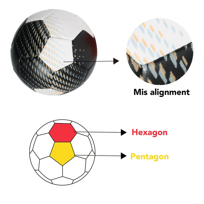 A black and white machine-stitched PU handball with a hexagon and pentagon design, featuring a logo.