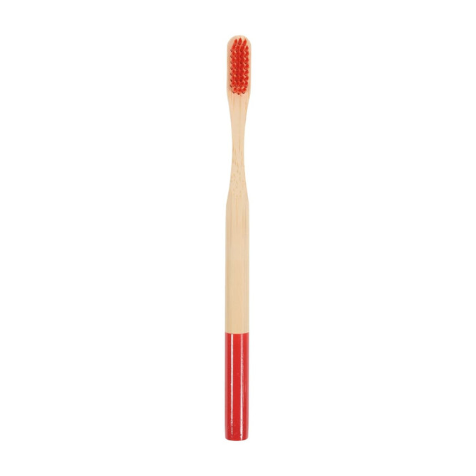 A colorful bamboo toothbrush with a red handle and a natural bamboo bristle head. It has a logo on the handle.