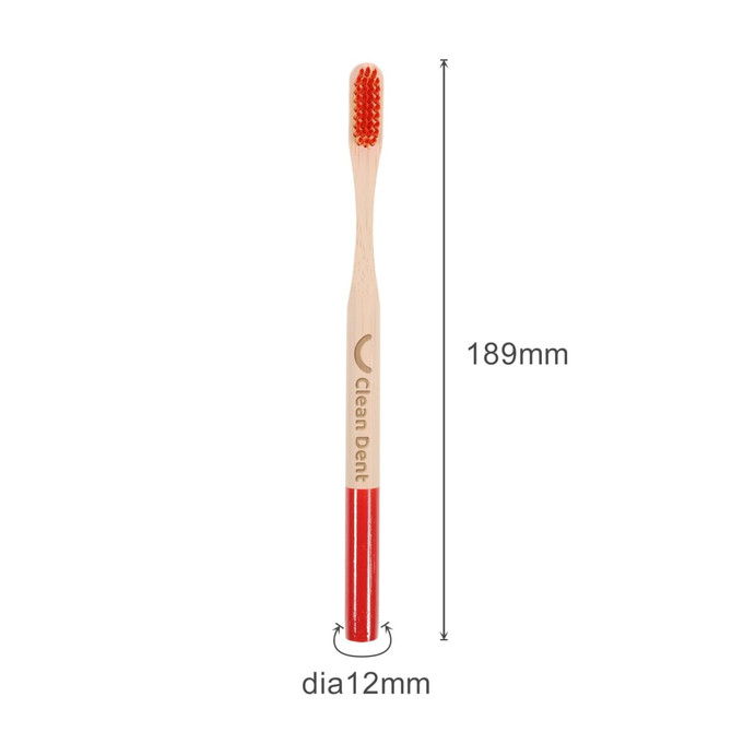 A large round-handle bamboo toothbrush with a red bristle portion and a natural bamboo body, featuring a logo.