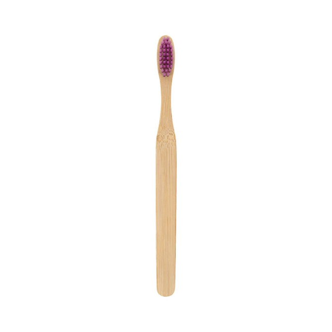 A large flat handle toothbrush with a bamboo body and a purple bristle head, featuring a logo on the handle.