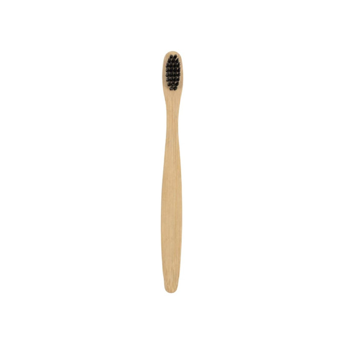 A small bamboo toothbrush with a natural wood handle and black bristles, featuring a simple design and a logo.