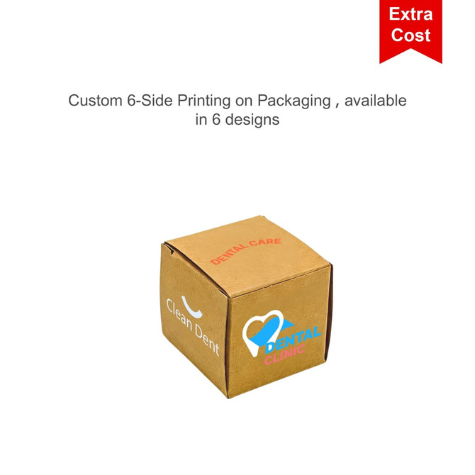 A brown cardboard box with six sides, featuring custom printing and a logo. It is available in six designs.