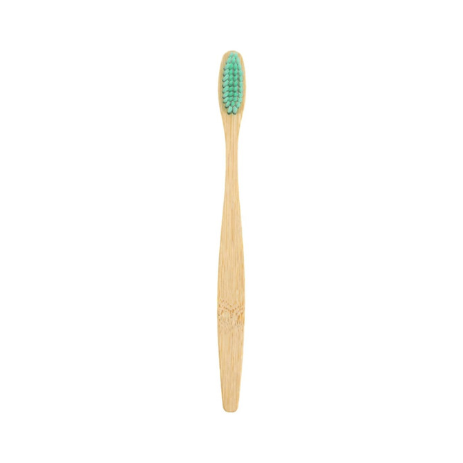 A large bamboo toothbrush with a wooden handle and a turquoise bristle head, displaying a simple logo.