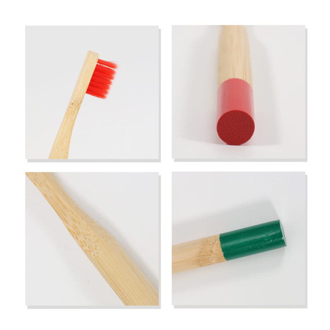 A colorful bamboo toothbrush with a red and green round handle, showcasing various angles and bristle details.
