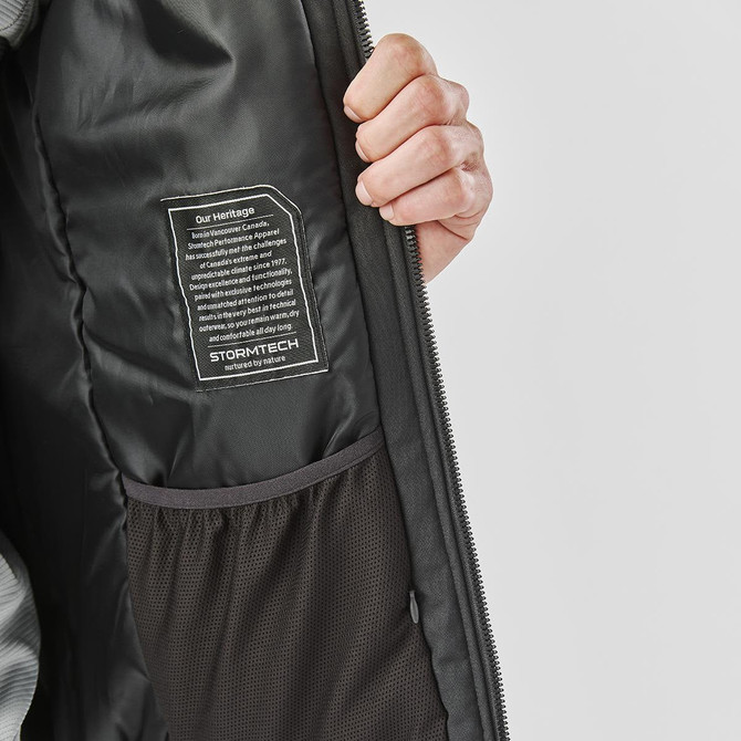 A men's thermal jacket featuring a grey interior, a pocket, and a logo on the label inside.