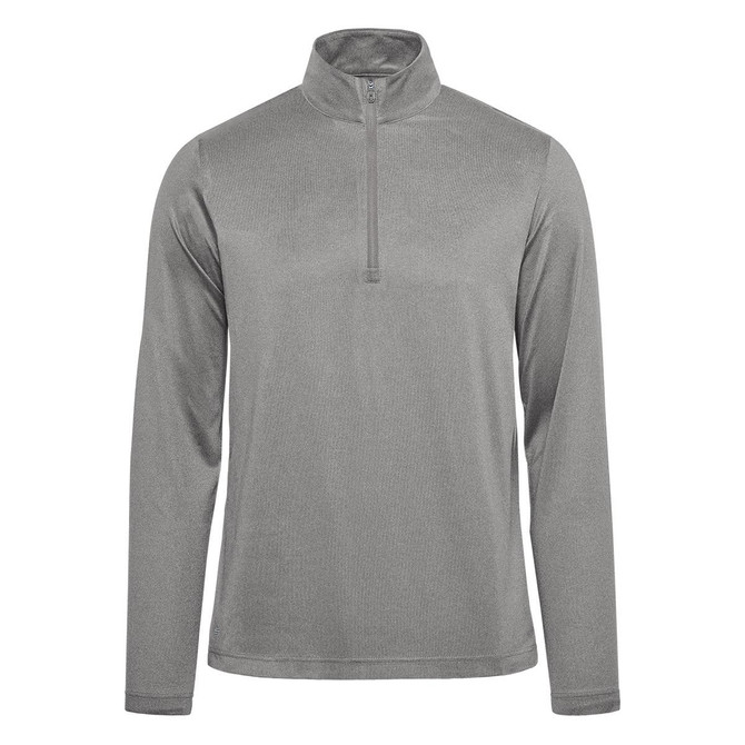 A grey men's pullover featuring a 1/4 zip design and long sleeves. It has a logo on the chest.