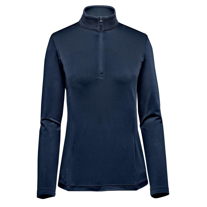 A women's 1/4 zip pullover in navy blue with long sleeves and a high collar, featuring a small logo.