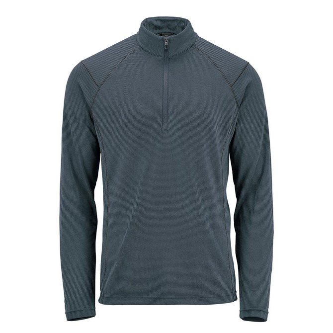 A men's pullover in dark grey with a 1/4 zip collar and long sleeves. Features a logo on the chest.