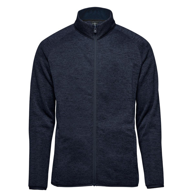 A navy full zip fleece jacket featuring a high collar and a logo on the left chest.