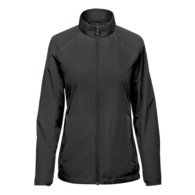 A women's full zip jacket in black with a collar and a branding logo.