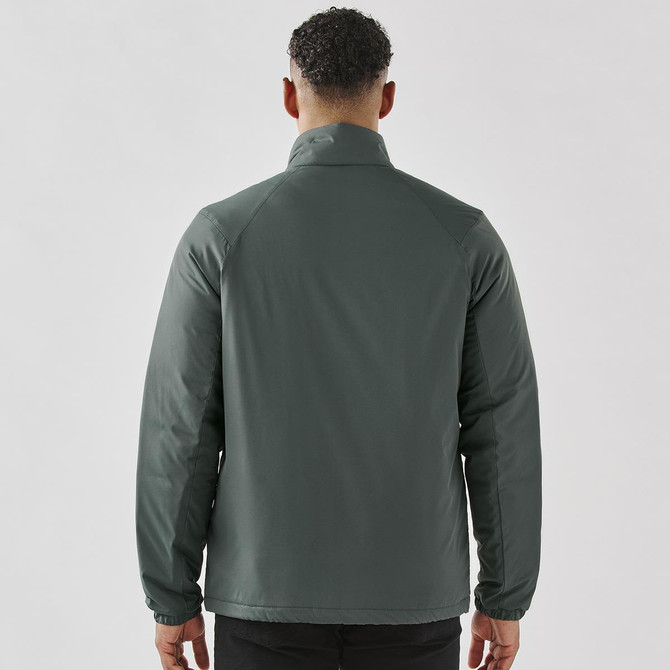 A men's thermal jacket in dark green, featuring a collar and a logo, viewed from the back.