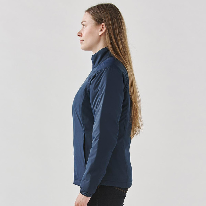 A women's thermal jacket in navy blue, featuring a zippered front and a modern cut, with a logo.