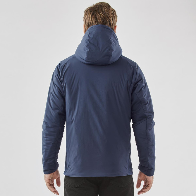 A navy blue men's thermal jacket with a hood, viewed from the back. It features a logo on the sleeve.