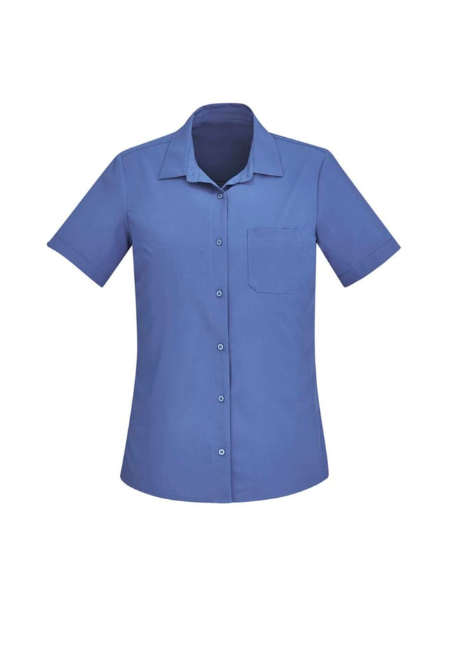 A women's short sleeve shirt in a solid blue colour featuring a button front and a chest pocket.