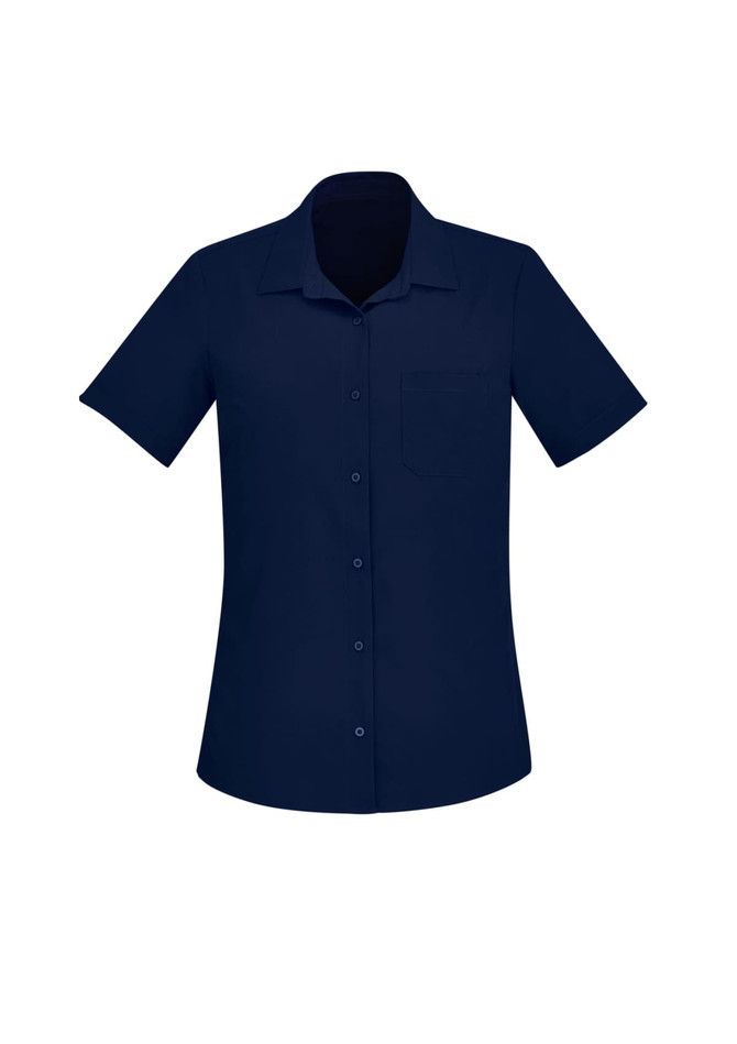 A short sleeve women's shirt in navy blue with a collar and a front pocket. It features buttons and has a logo.