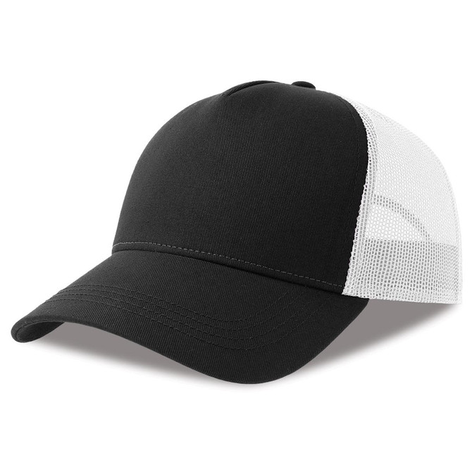 A black trucker cap with a solid front and white mesh panels at the back. It features a logo on the front.