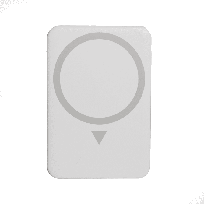 A white wireless charging power bank featuring a circular design and a directional indicator. It has a logo on the surface.