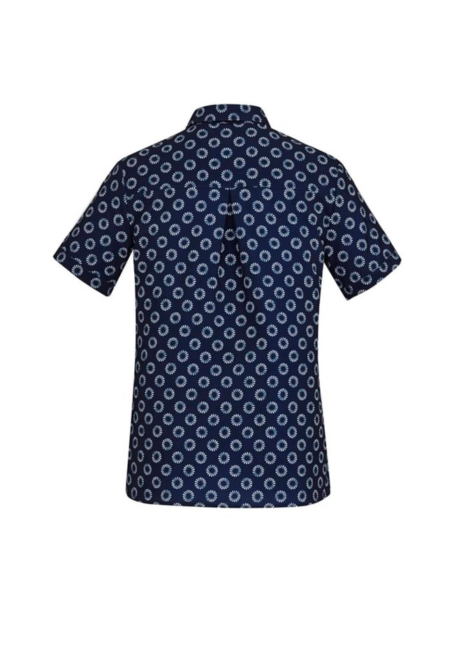 A short sleeve shirt in navy featuring a white daisy print, designed with a button-up front and a logo.