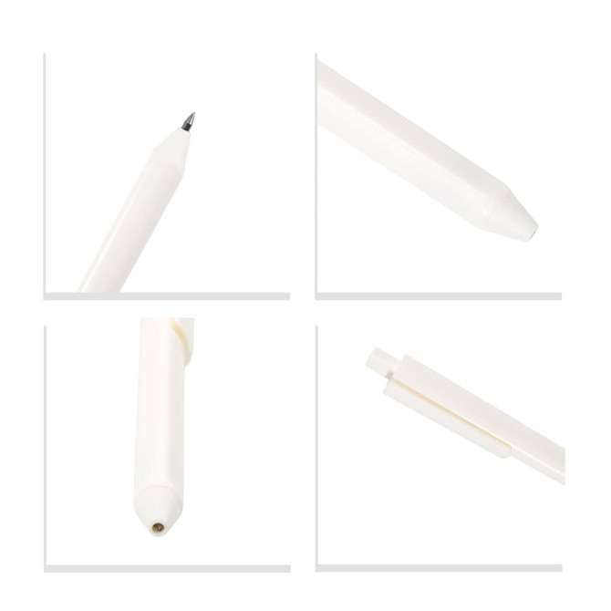 A triangular grip pen in white, featuring a fine tip and a clip for easy attachment. It has a simple design and a logo.