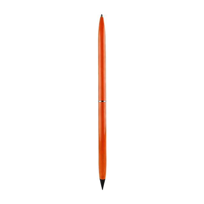An orange double-ended pencil and ballpoint pen with a sleek design. It features a branding logo.