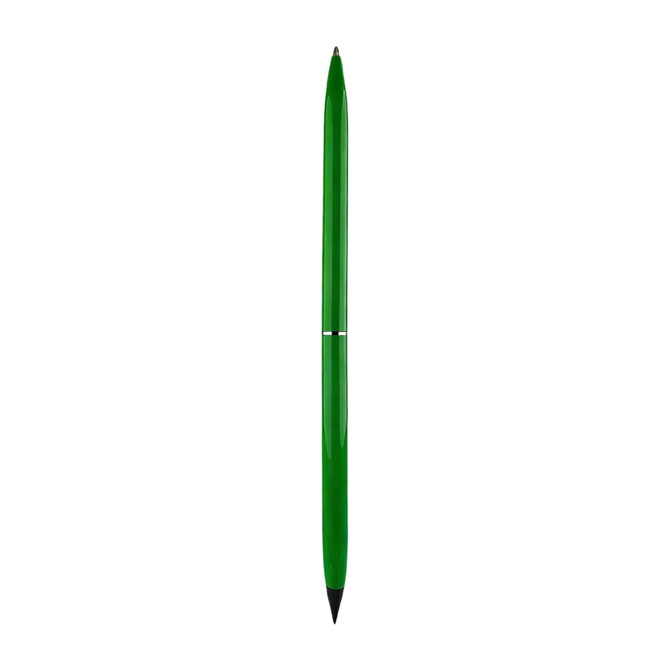 A green double-ended pencil and ballpoint pen featuring a sleek design and a branding logo.
